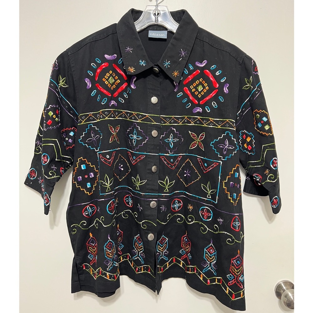 Liz & Me Black Embroidered‎ Cotton 3/4 Sleeve Button Up Shirt Tribal Western 2X